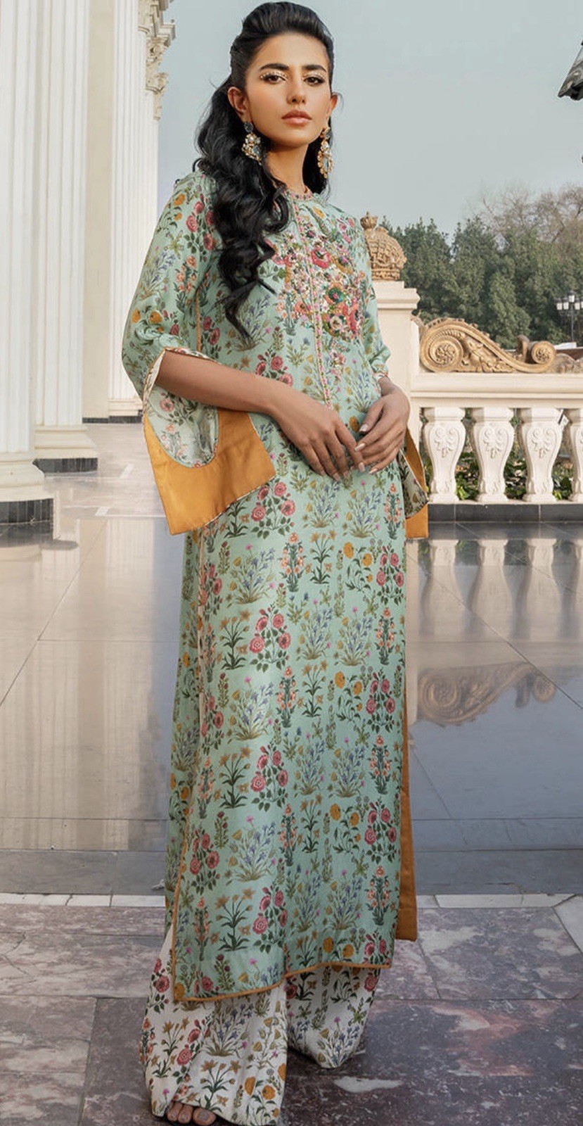 Zainab Salman – Pakistani Shirt/ Pants Green Floral outfit Size m – New