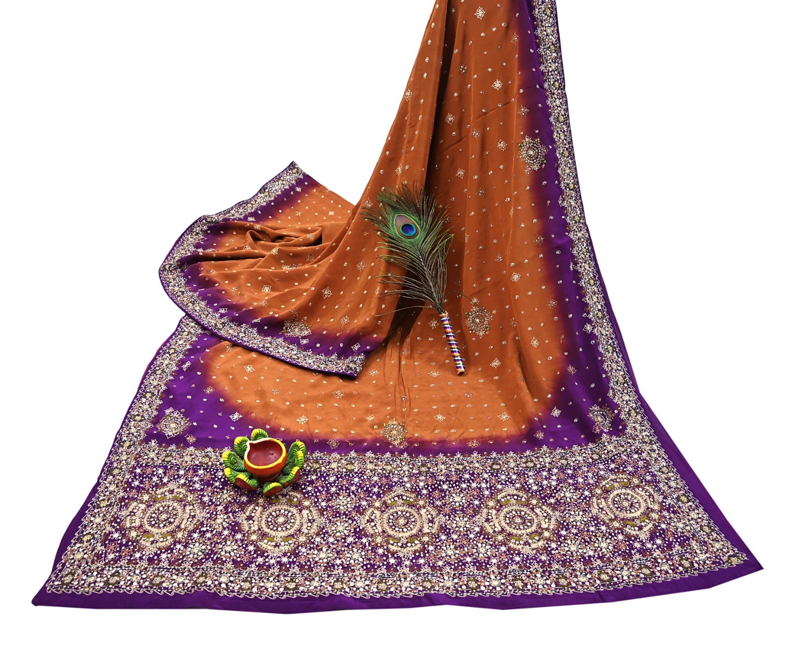 Indian Vintage Sari Purple & Mustard Pure Crepe Silk Hand Embroidered Sarees 6yd