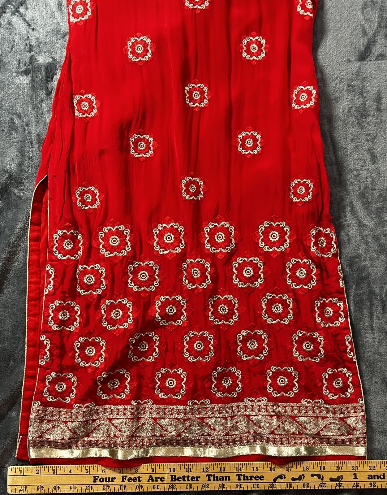 Hand Tailored Red Silk Embroidery Kurta/Dress Round Neck MEASUREMENTS IN LISTING