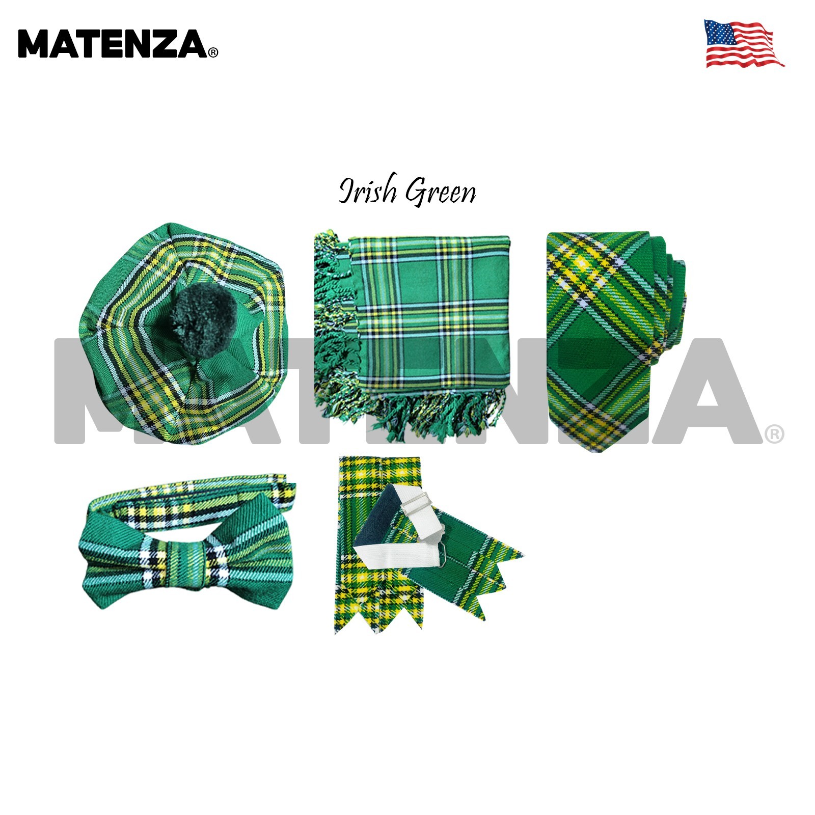 Irish Green Tartan 5Pc Scottish Kilt Accessories Highland Wear Set