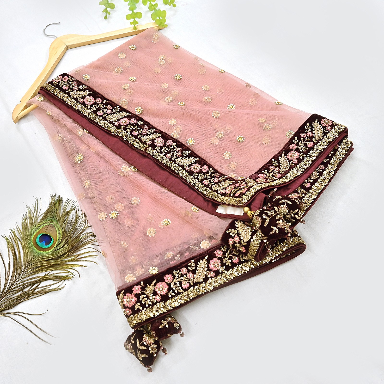 Indian Heavy maroon & pink Net/velvet Hand Embroidered Designer Lehenga 3pcs Set