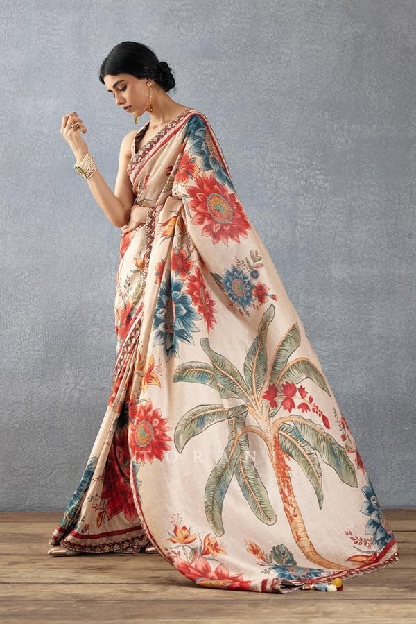 Women’s Farewell Floral Print Sarees With Lace Border & Unstitched Blouse Piece