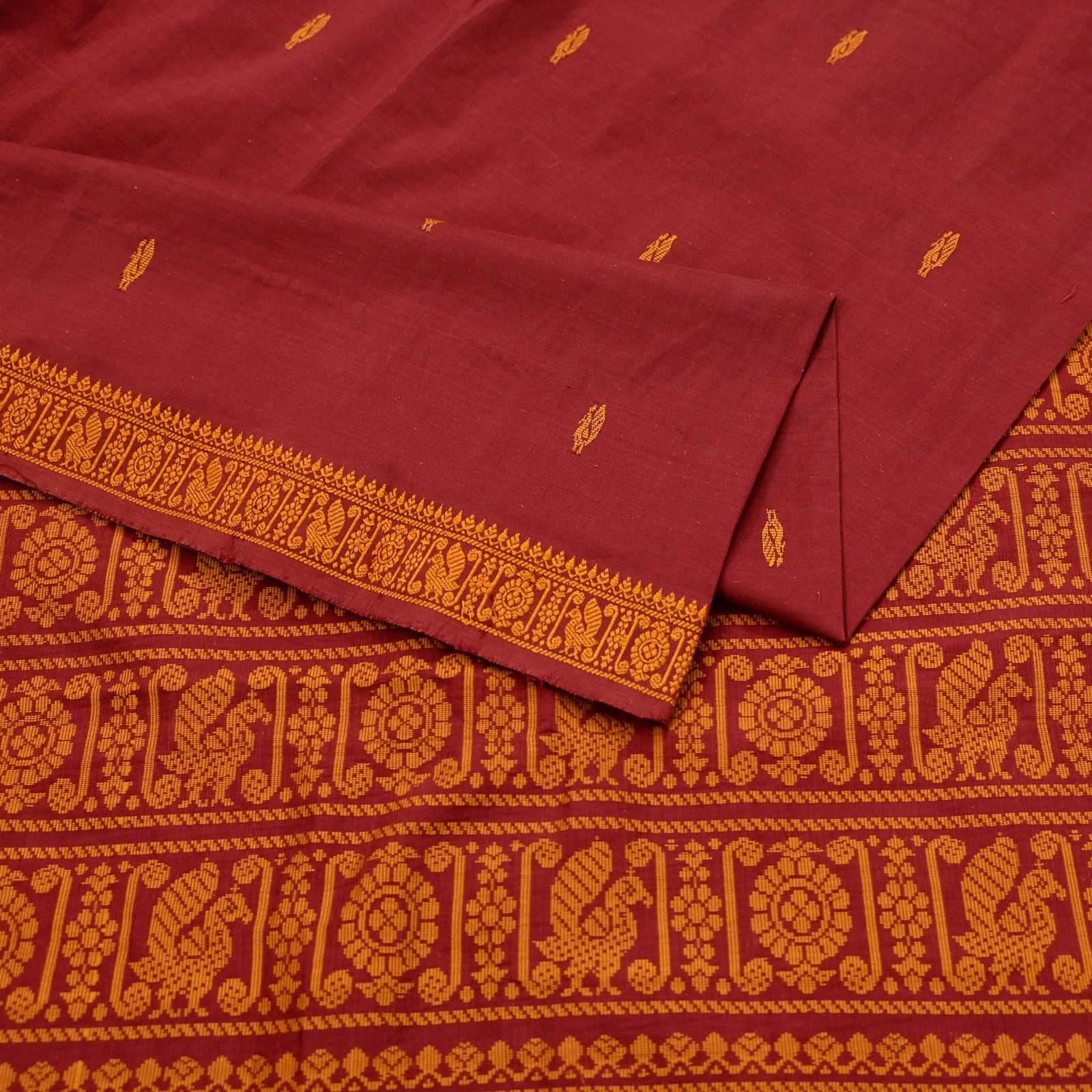 Indian Vintage Sari Maroon & Cream Blend Cotton Hand Woven Baluchari Saree 5yd