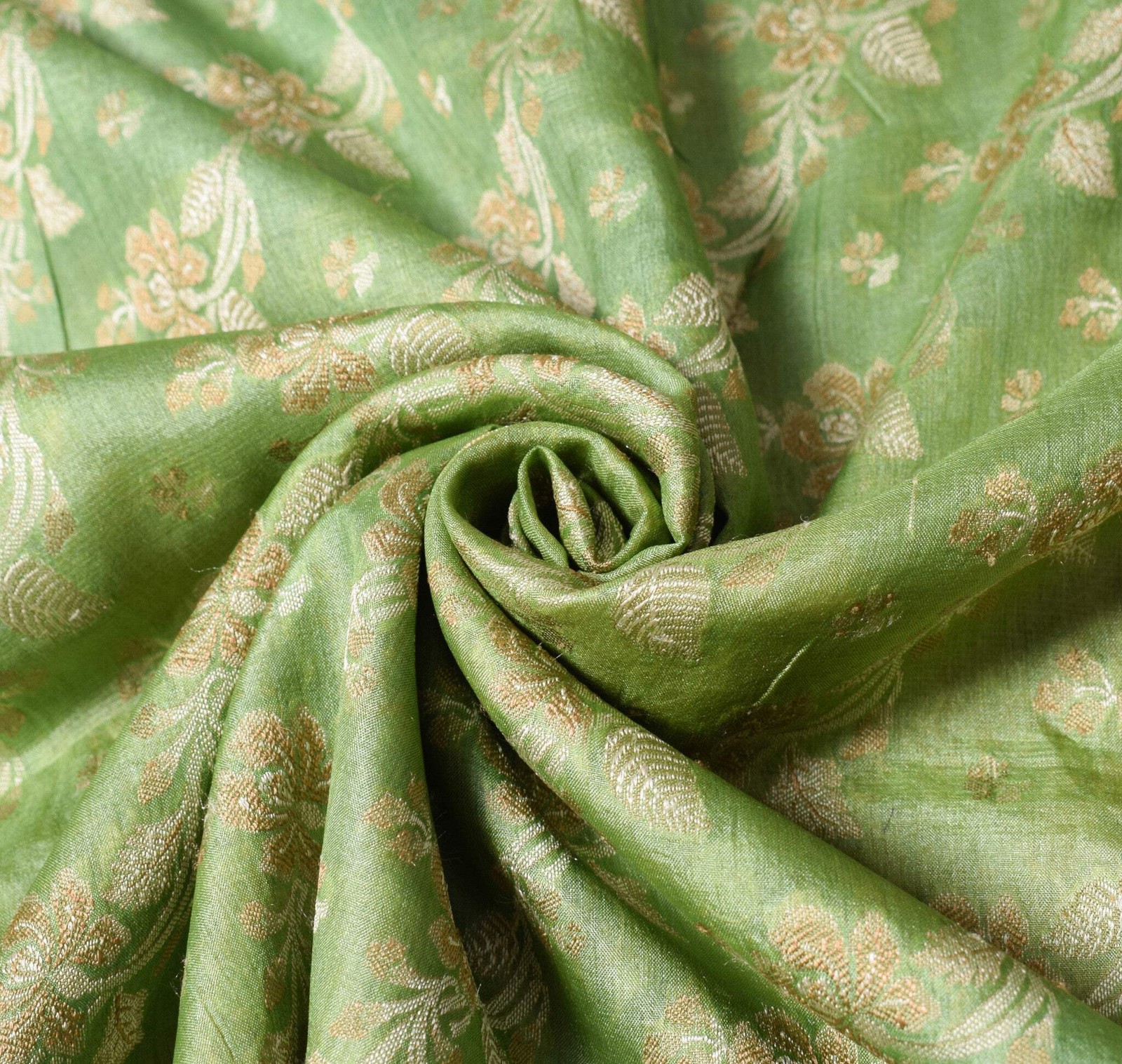 Sushila Vintage Green & Gray Saree Floral Woven 100%Pure Tussar Silk Sari Fabric