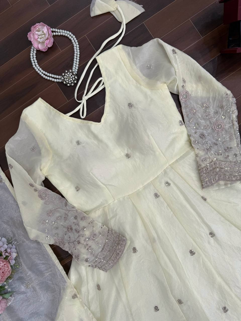 New Launching Silk Off White Gown Bottom With Dupatta For Functional Wear