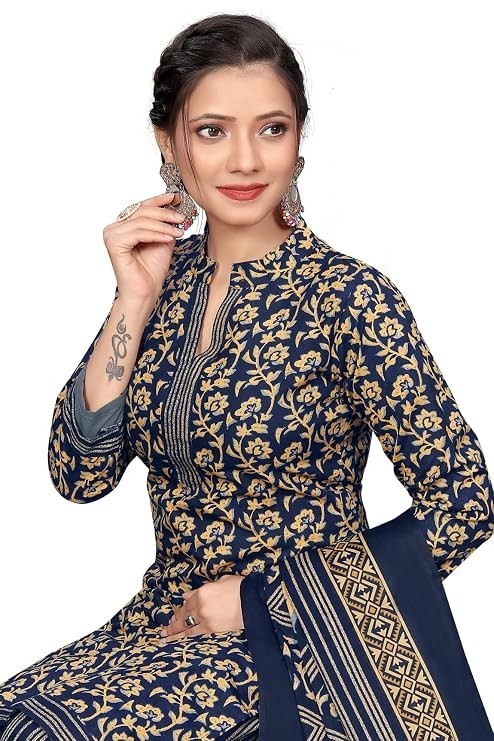 Navy Blue Cotton Blend Printed Ready to Wear Patiala Salwar Suit