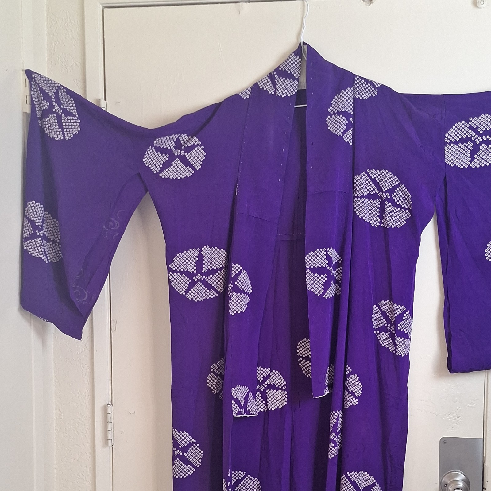 Purple Women’s Kimono with White Geometric Pattern Free Size
