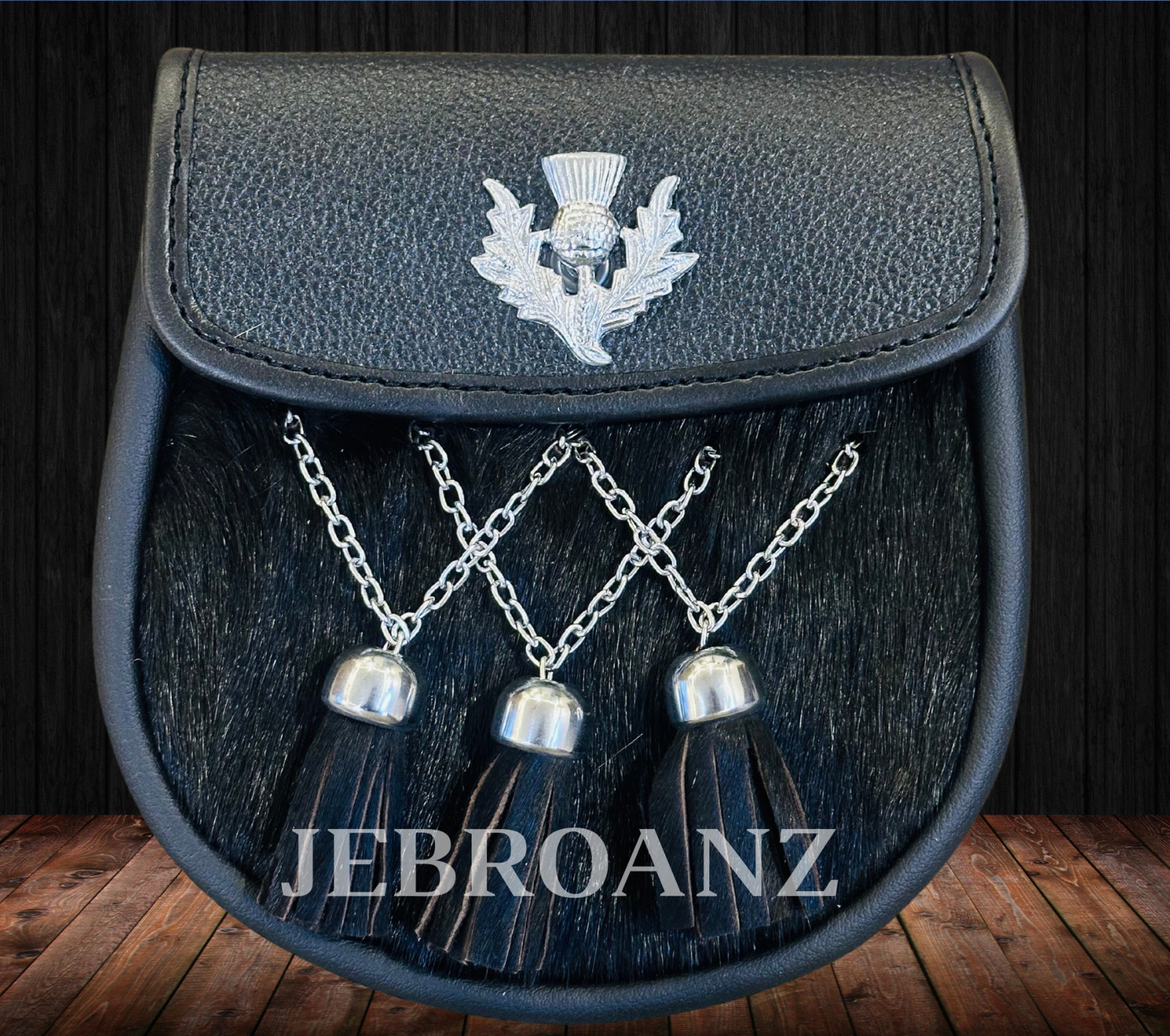 New Scottish Leather Kilt Sporran Black Rabbit fur – Free Leather Belt Chain