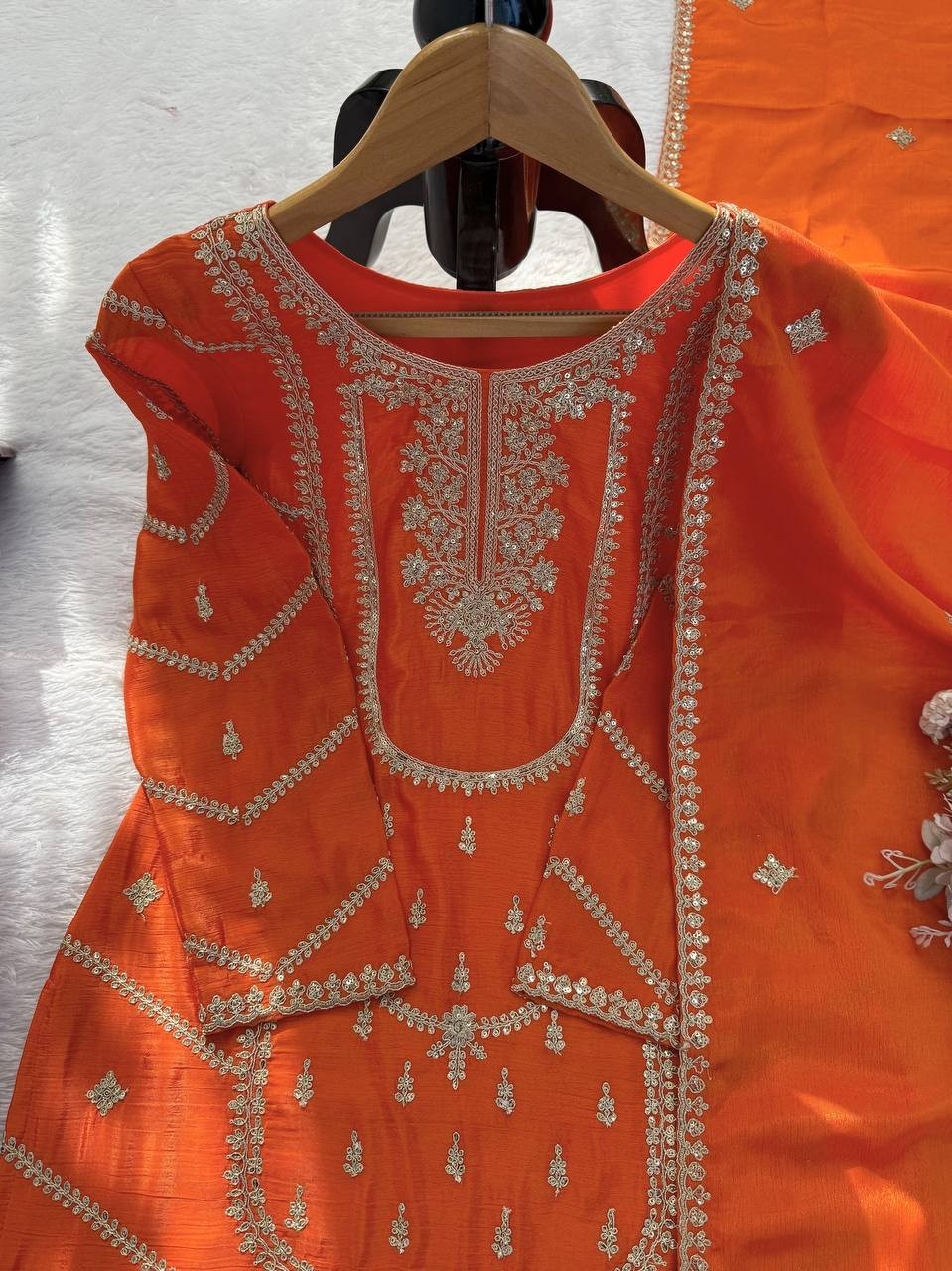 Premium Designer Chinnon Silk Kurta Palazzo With Dupatta For Wedding