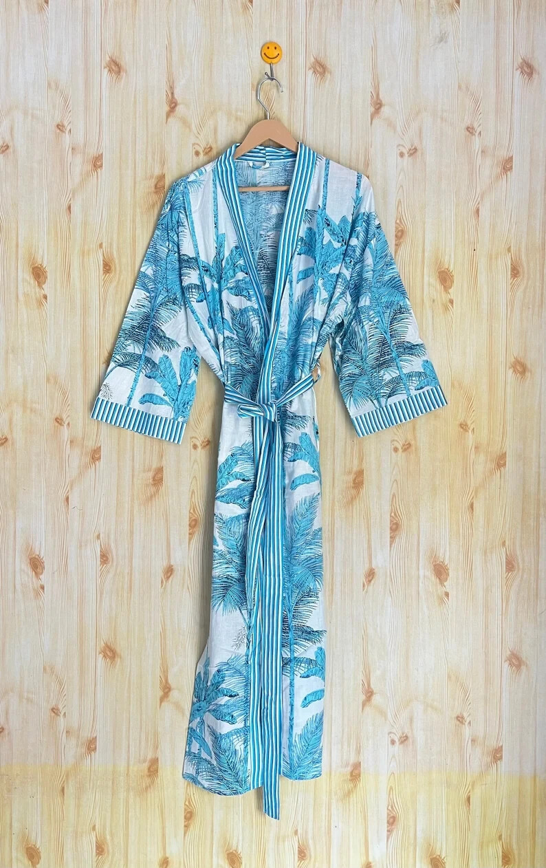 Blue Tree Print Women Cotton Kimono Women Beach Lounge & Sleep Wear Night Dress