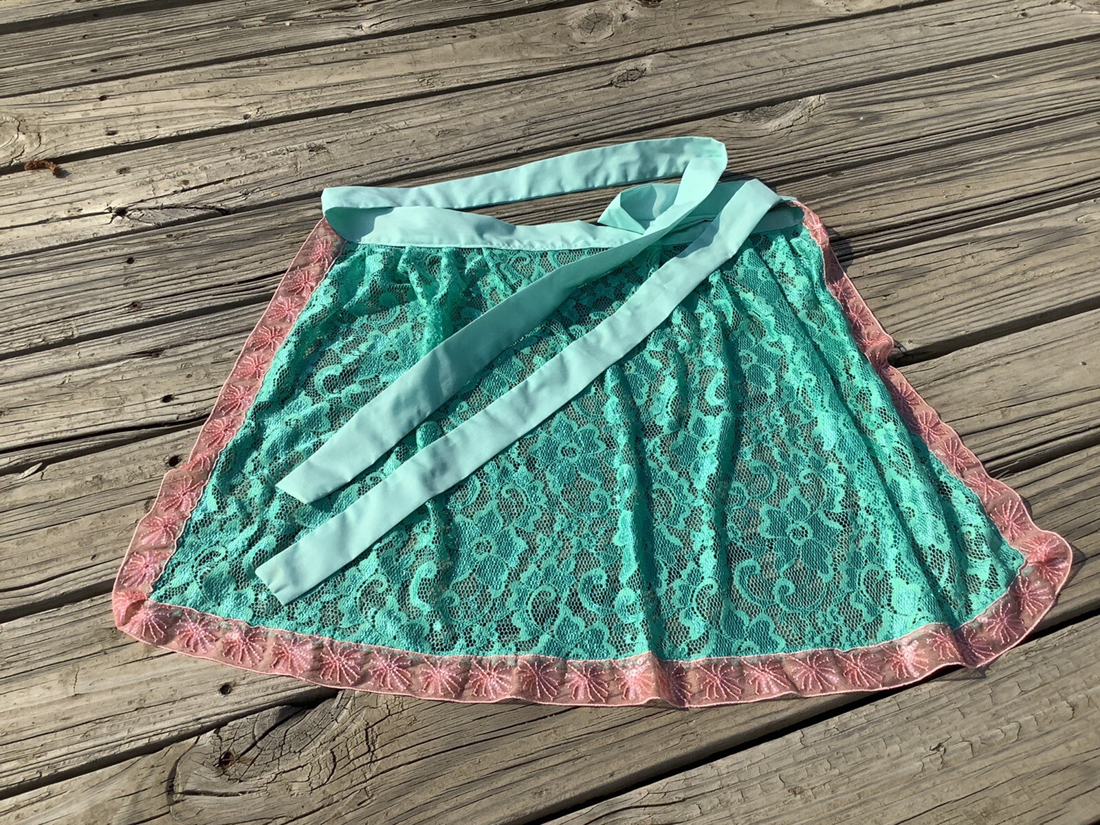 Aqua Green LACE APRON for Dirndl German Hostess EX Long Ties Oktoberfest Plus Sz