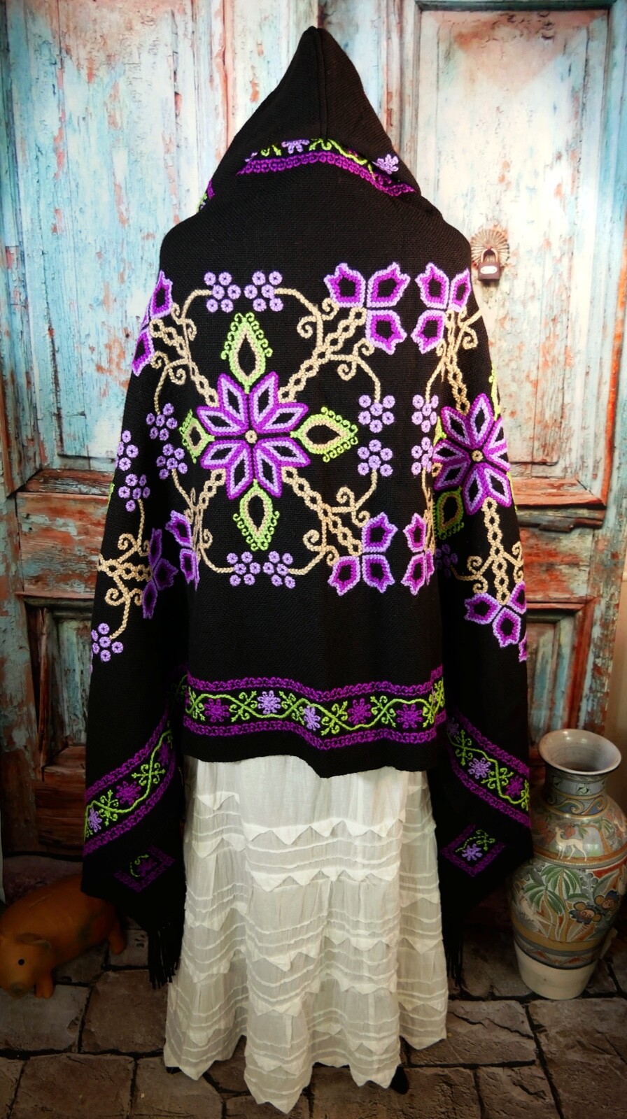 Hooded Poncho Serape Handwoven Hand Embroidered Mazahua Indigenous Mexican Folk
