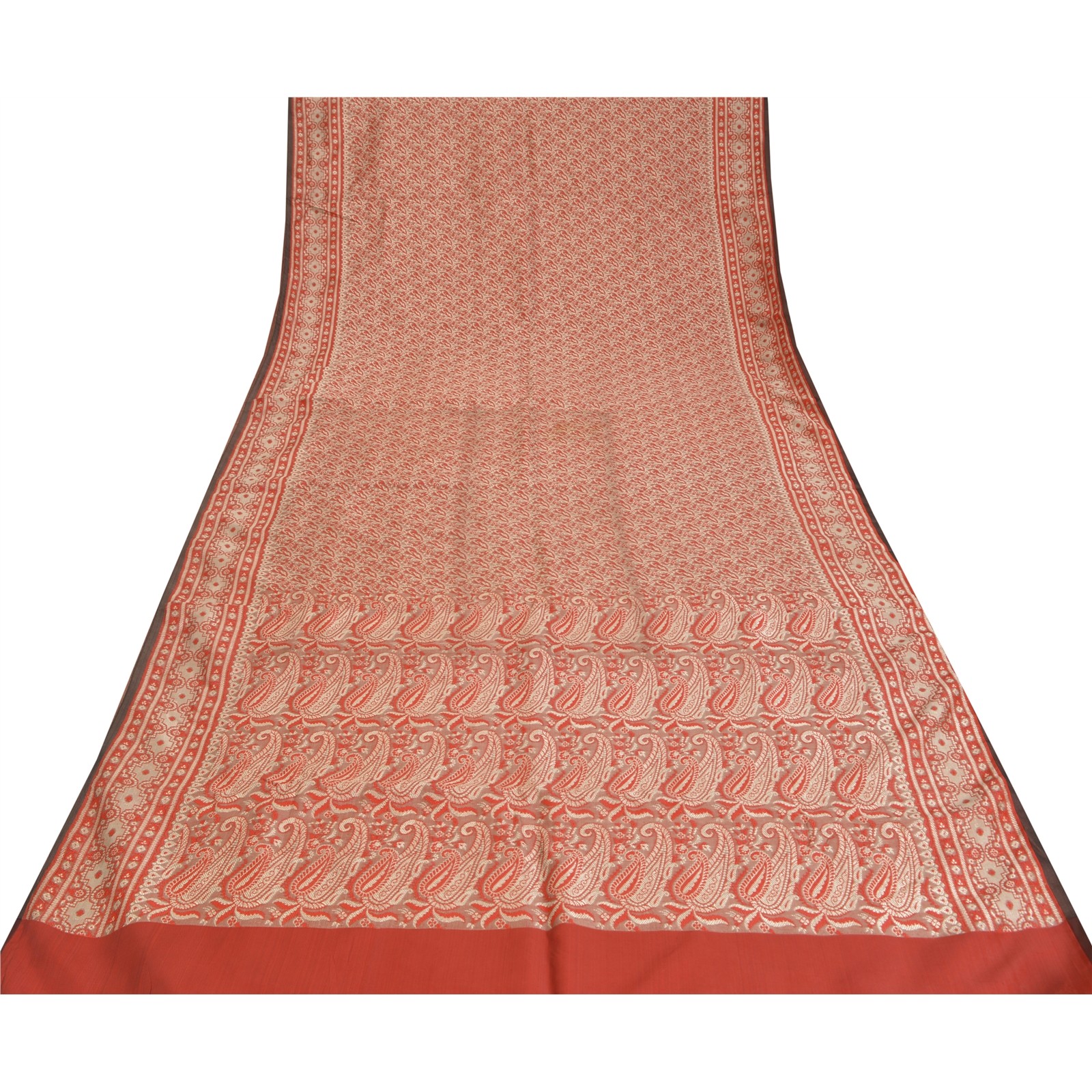 Sanskriti Vintage Red Sarees Blend Silk Brocade Banarasi Woven Fabric Craft Sari
