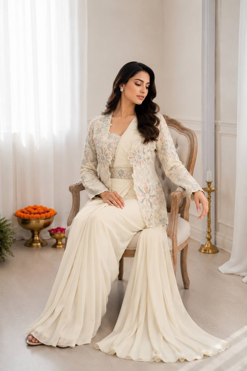 Women’s Haldi Ceremony Ready to Wear Saree with Embroidered Jacket