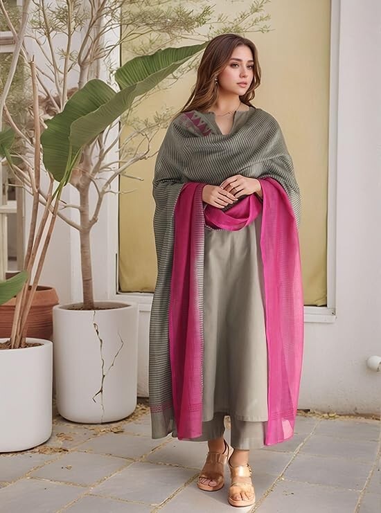 Women Grey Solid Casual Wear Kurta With Pant & Dupatta ,Plus Size Salwar Kameez
