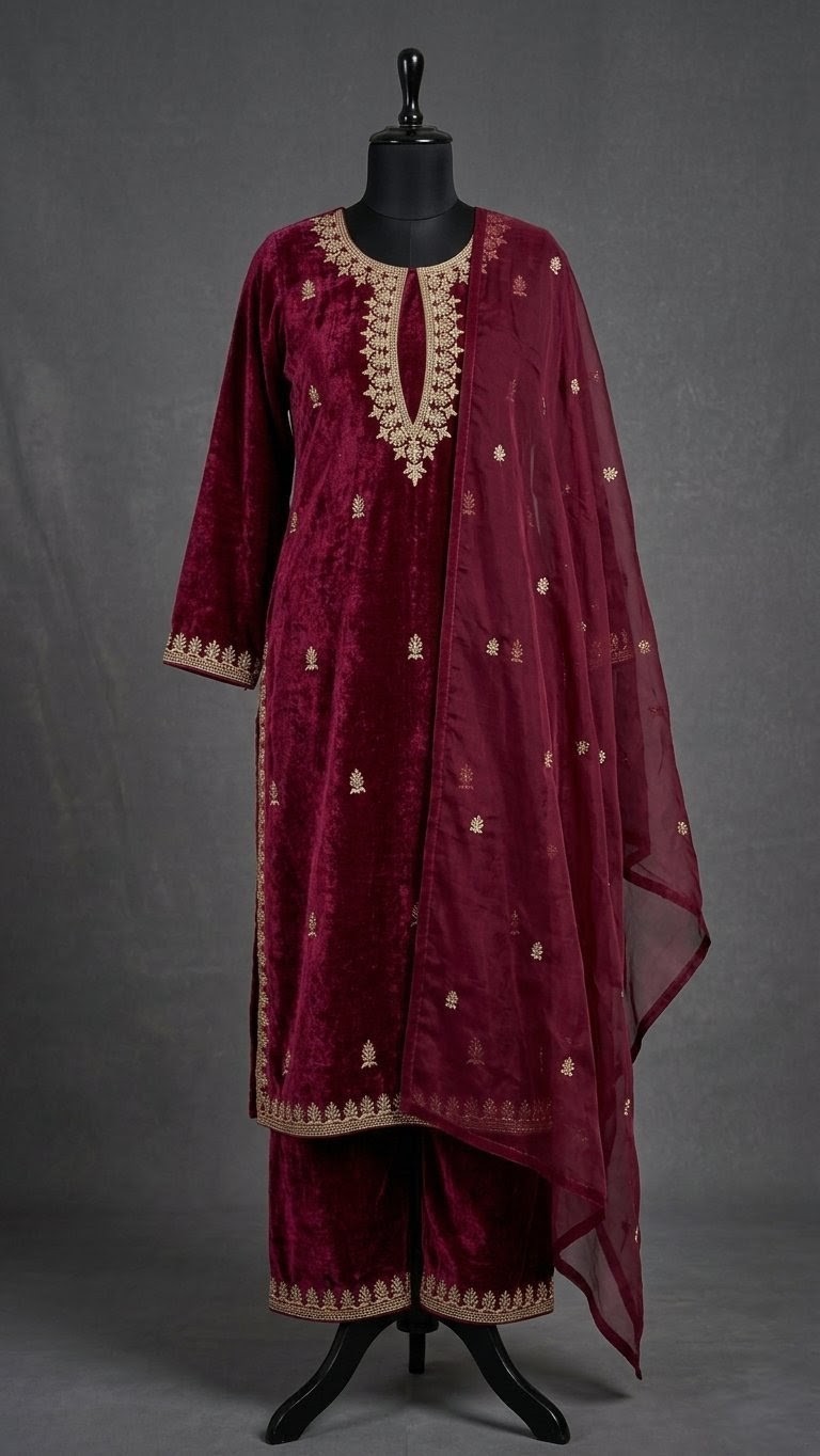 Custom Velvet Hand Embroidered Salwar Suit Set With Free Potli Bag | Luxury…