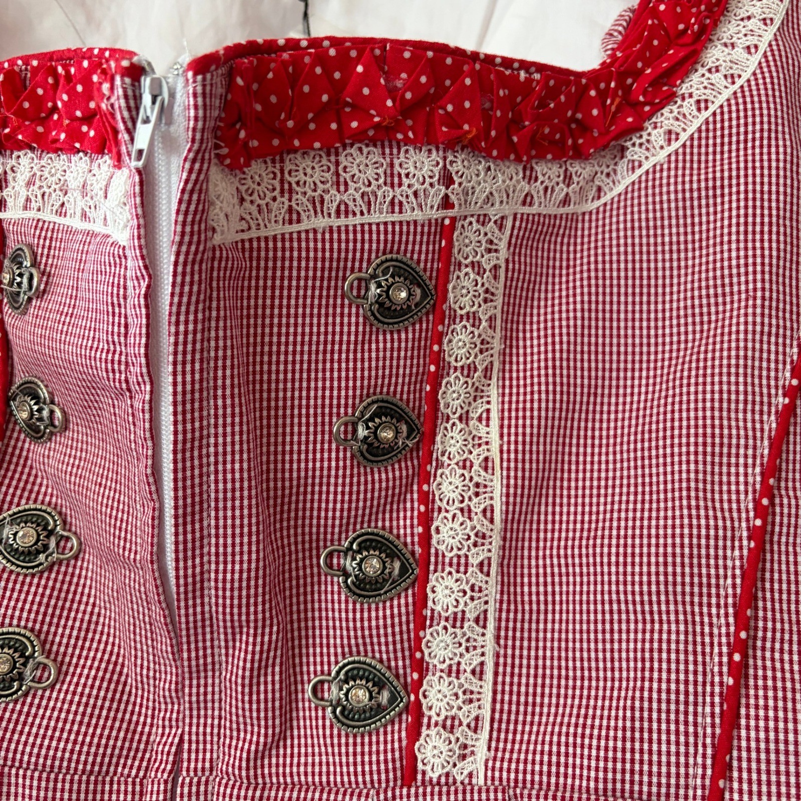 GloryStar Bavarian Red Gingham Dirndl Dress Lace Heart Buttons Oktoberfest Large