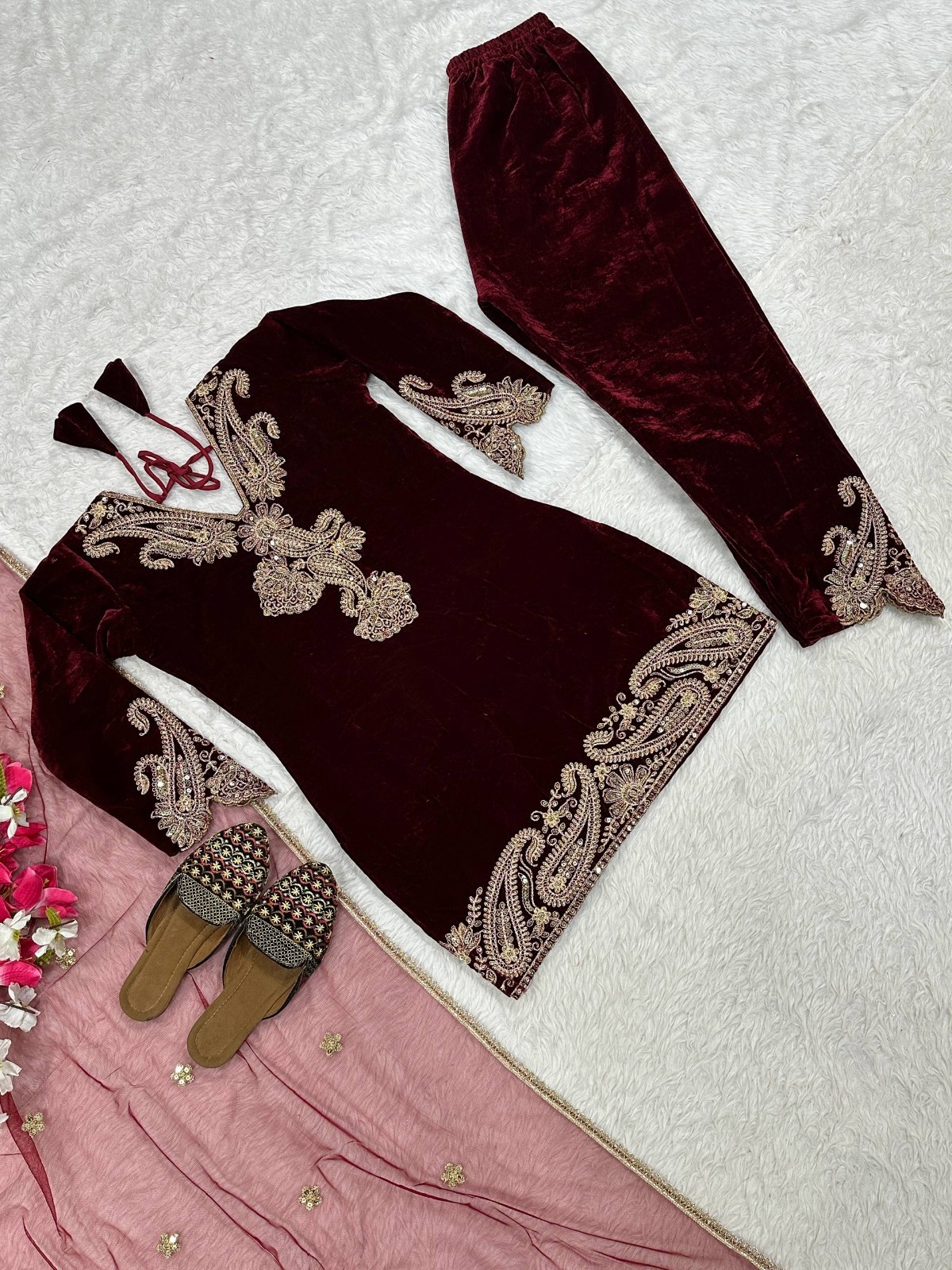 Viscose Velvet Maroon Salwar Kameez With Dupatta For Functional Wear