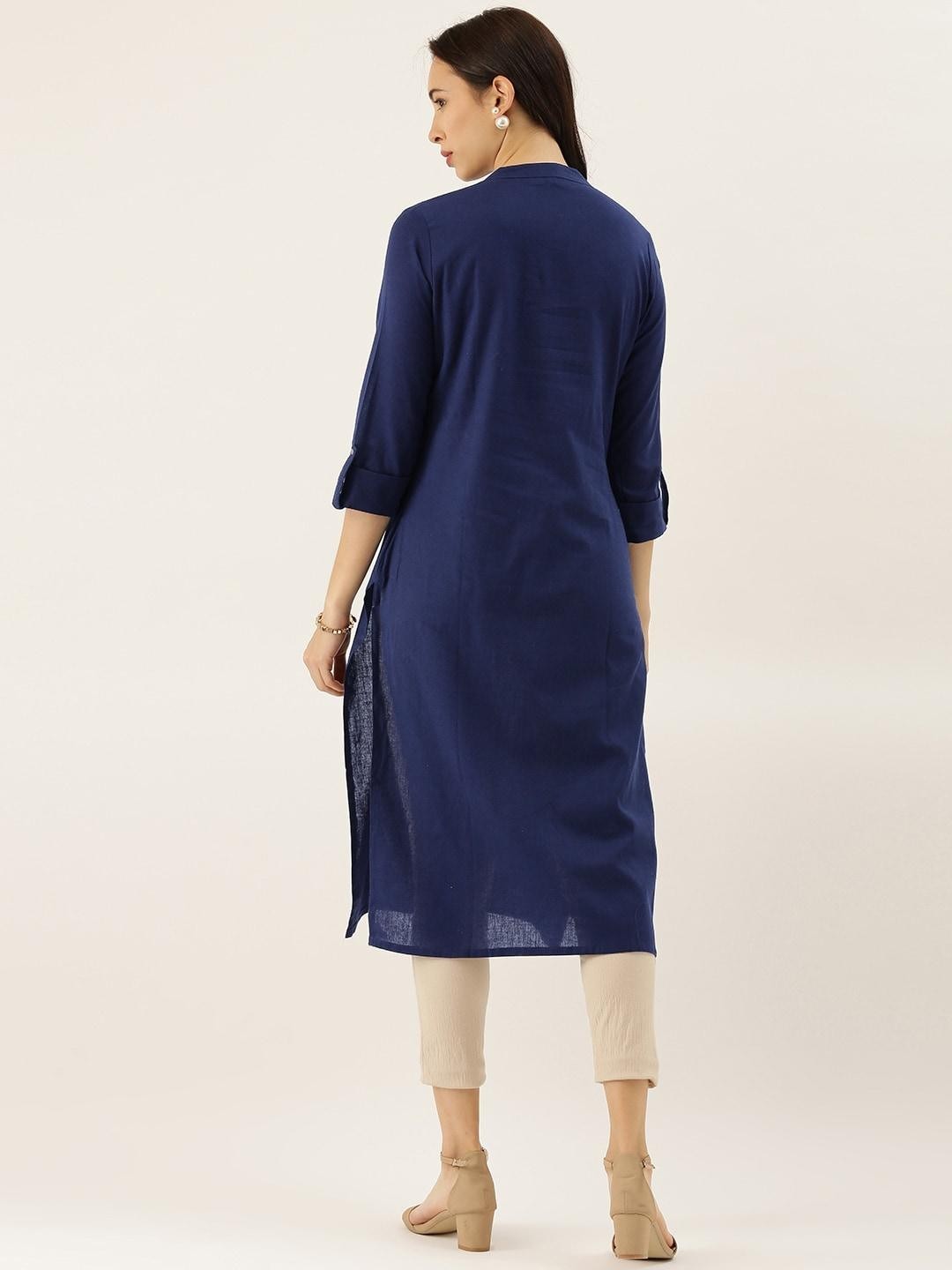 Blue Solid Straight Roll Up Sleeve Kurti for Women Casual Ethnic Wear Plus Size