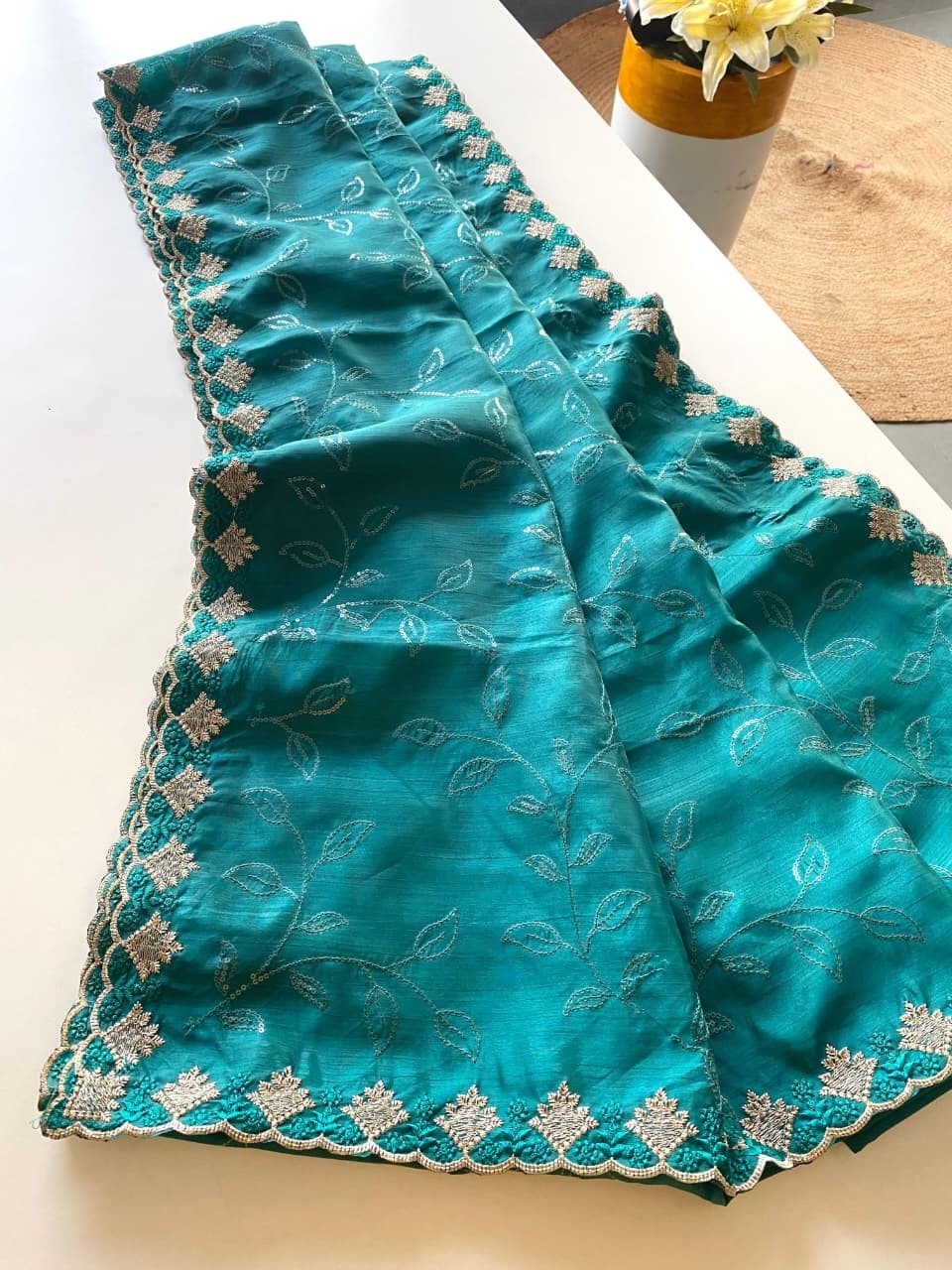 Women’s Pure Ruhi Silk Saree Jal Sequin Work Cutwork Border Party Wear Blouse
