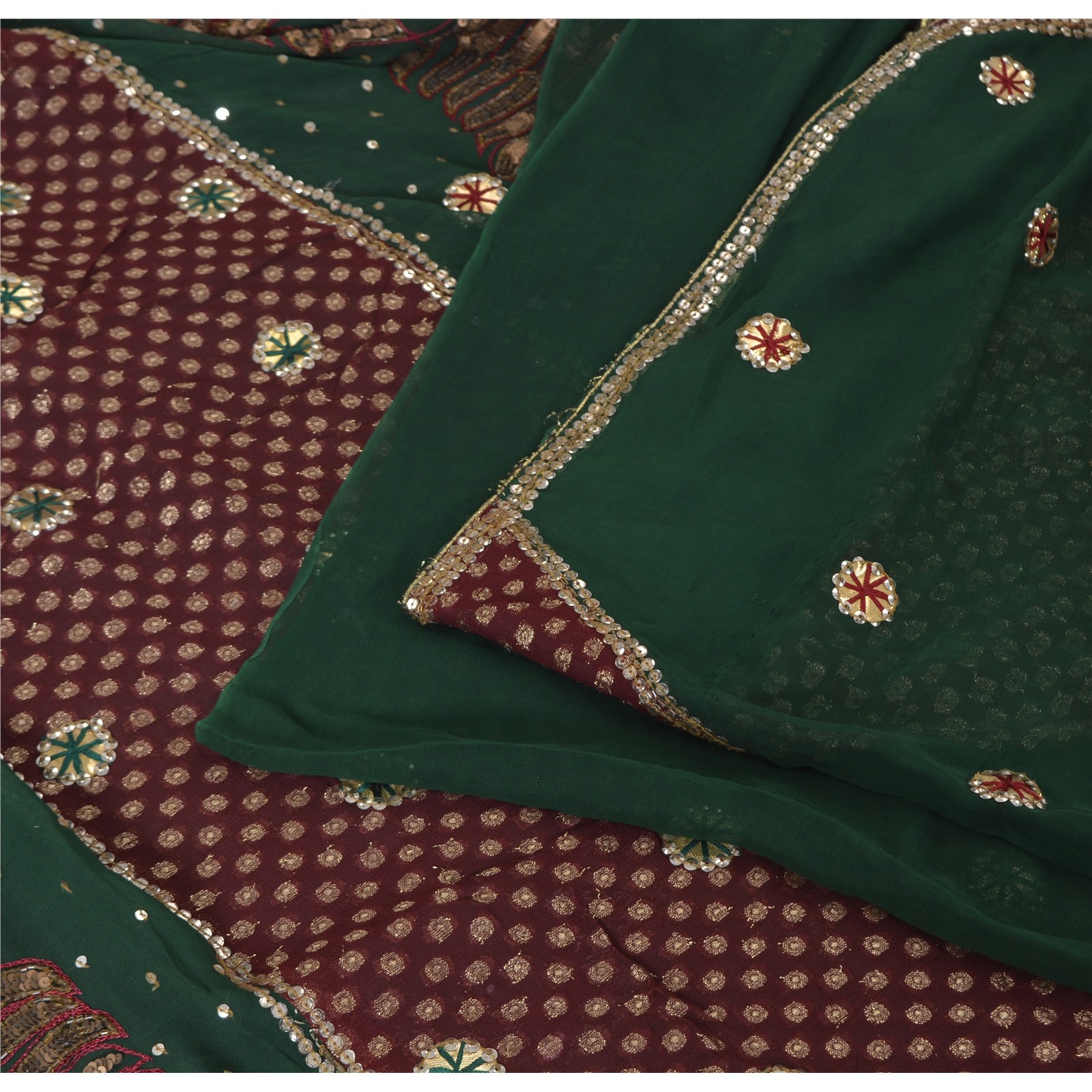 Sanskriti Vintage Green/Brown Sarees Pure Georgette Silk Hand Beaded Fabric Sari