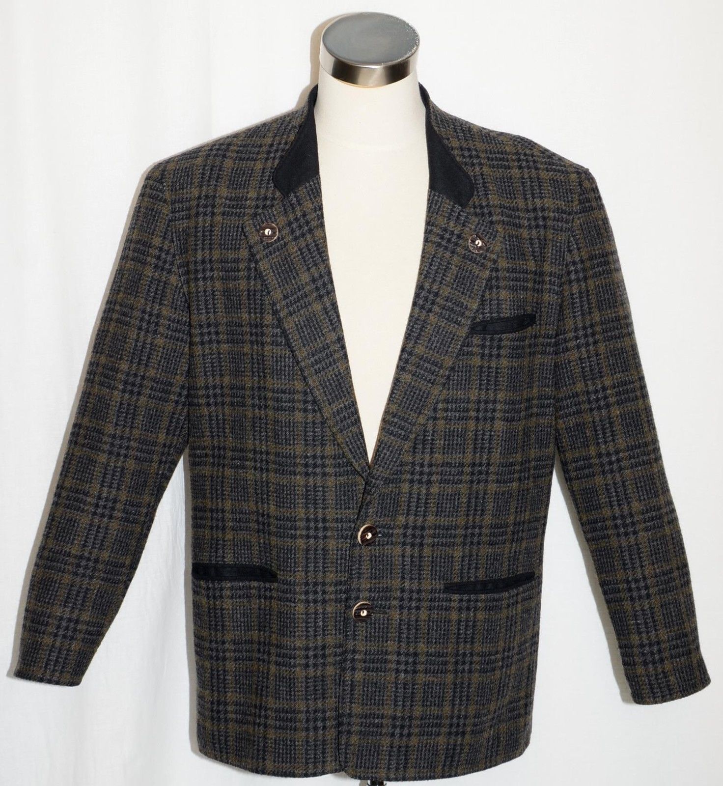 WOOL & ALPACA Plaid Jacket Coat SALZBURGER – GREEN & BLACK Men AUSTRIA C46″ L