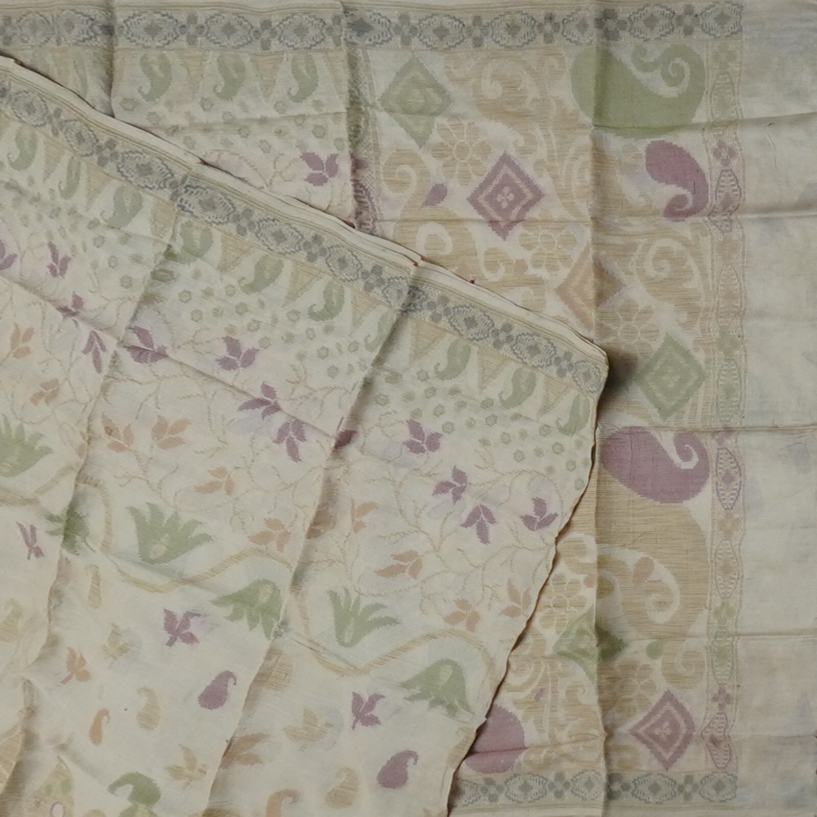 Vintage Off-White Sarees 100% Pure Silk Woven Indian Sari 5YD Decor Craft Fabric