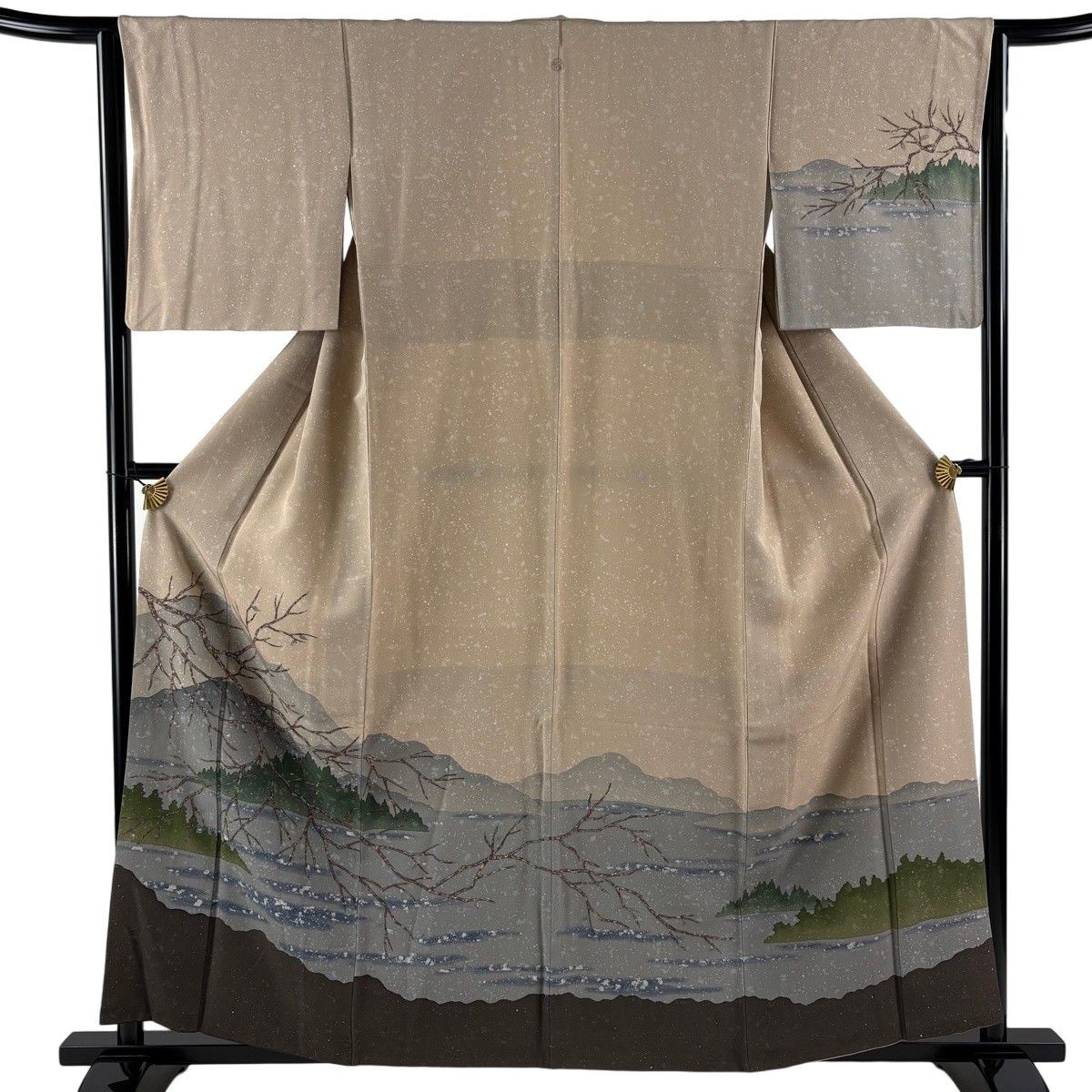 Houmongi Kimono Single Crest Mountain Range Branch Light Brown Silk 159cm S
