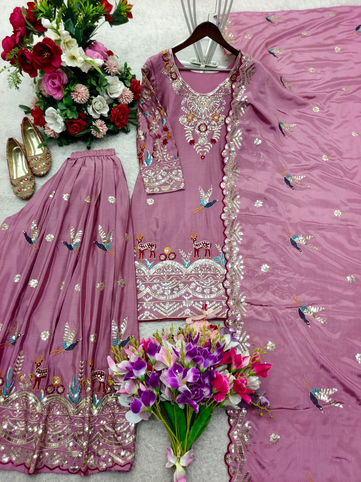 Beautiful Chinon Silk Pink Top Palazzo With Dupatta For Indian Wedding Wear