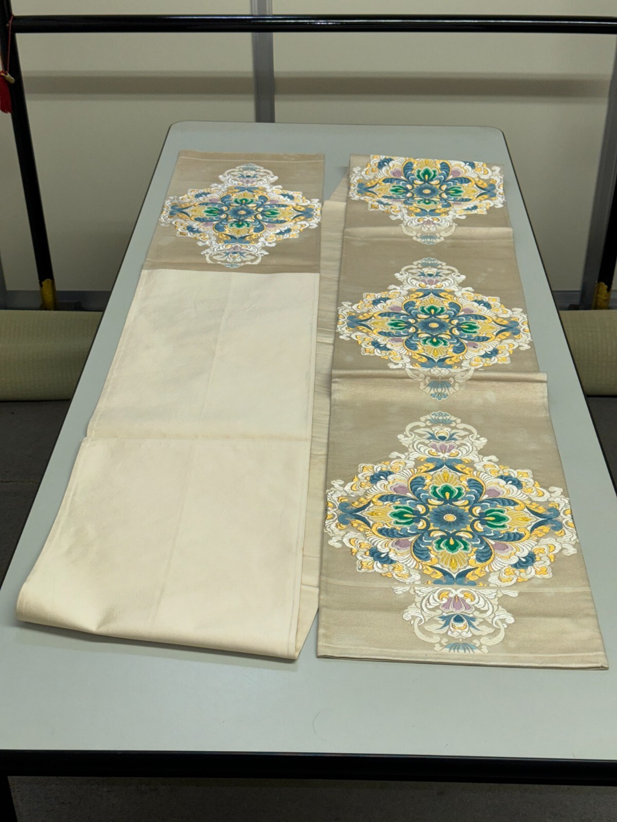 Japanese Vintage Kimono Fukuro Obi silk White Embroidery Expensive Dirt 170x12in