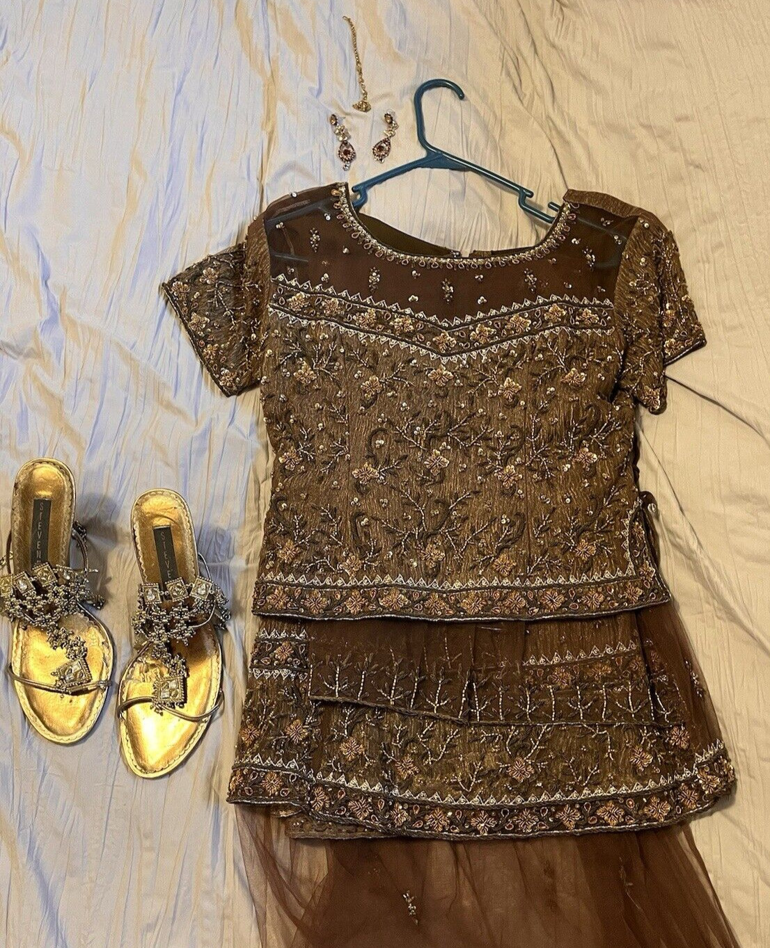 Bronze Desi/Indian/Pakistani Wedding/Party Shalwar kameez/Dress with Accessories