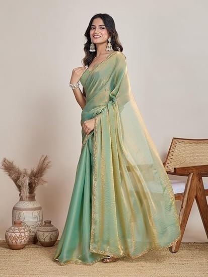 Women’s Two Tone Fendy Chiffon Saree Party Wear Designer Border Work Saree