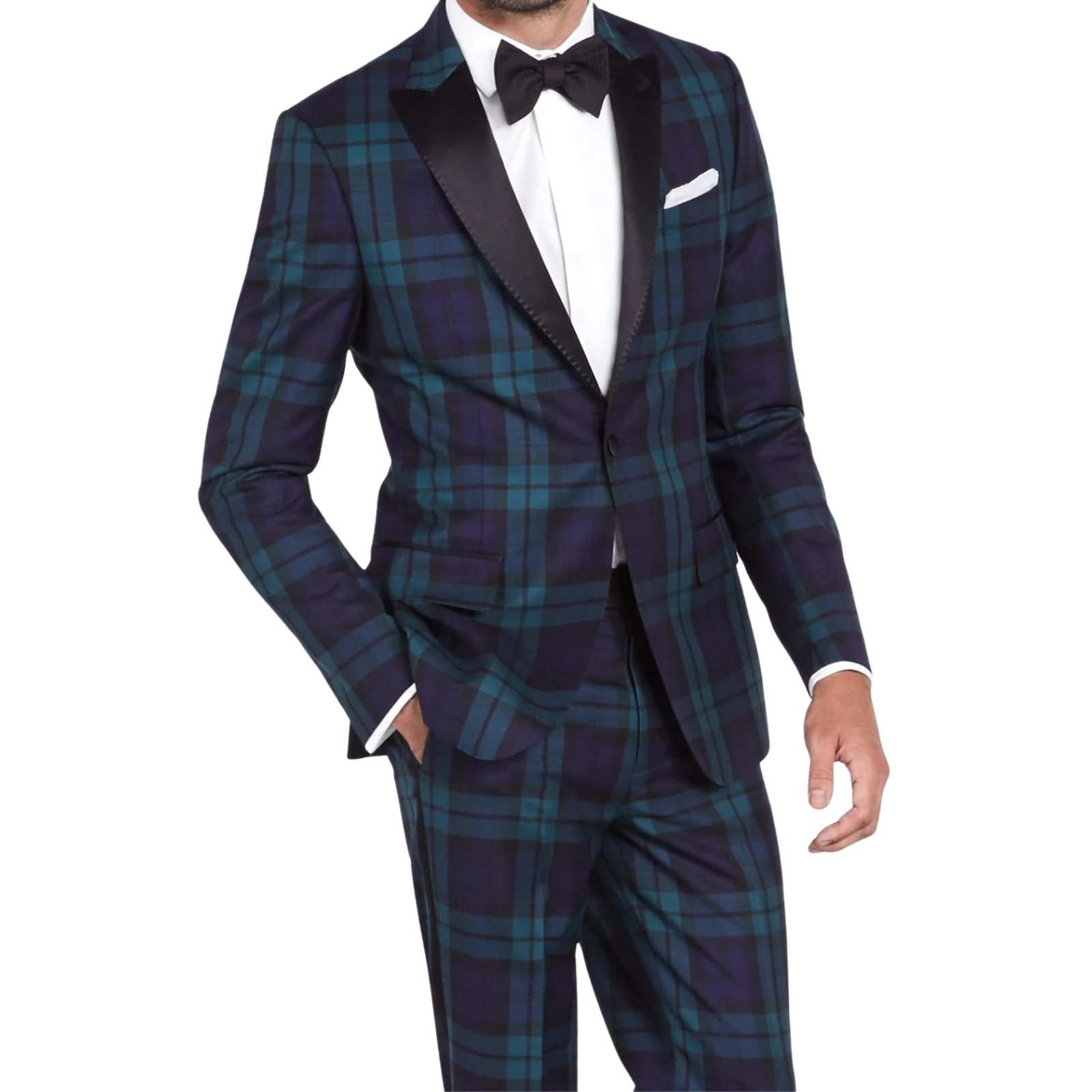 Mens Tartan Plaid Blazer Formal Dinner Jacket Satin Lapel Check Pattern Coat
