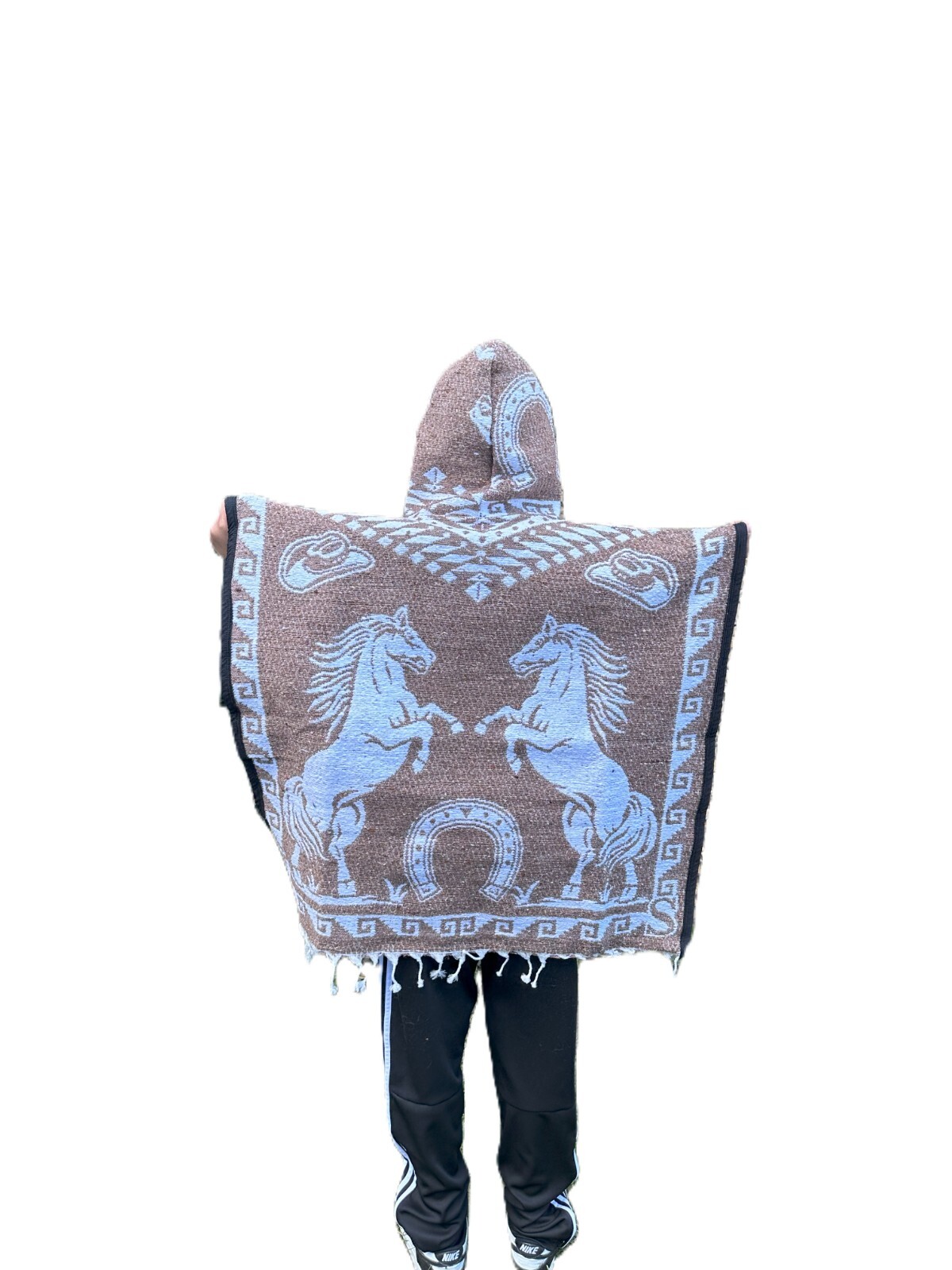 KIDS PONCHO, HOOD ,COSTUME , BLANKET GABAN ,6-12 YEARS , HORSES , TAN