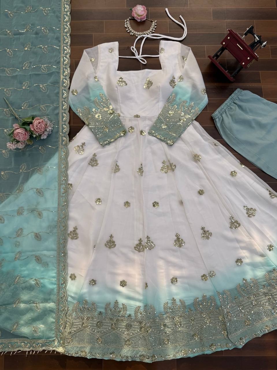 Latest Star Georgette White Gown Bottom With Dupatta For Indian Party Wear