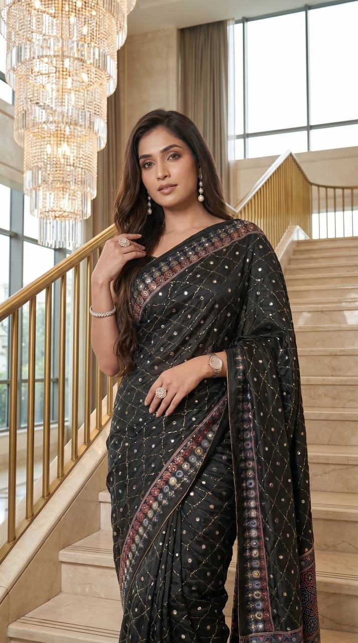 Ajrakh Print Saree Semi Modal Silk Real Mirror Work Moti Pallu Women’s Sari