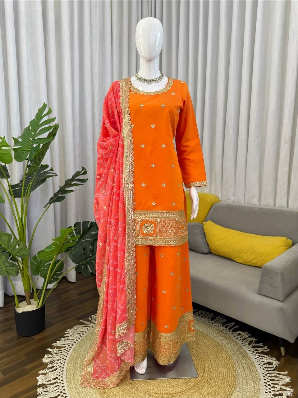 Latest Chinon Silk Orange Palazzo Suit With Dupatta For Indian Ethnic Wear