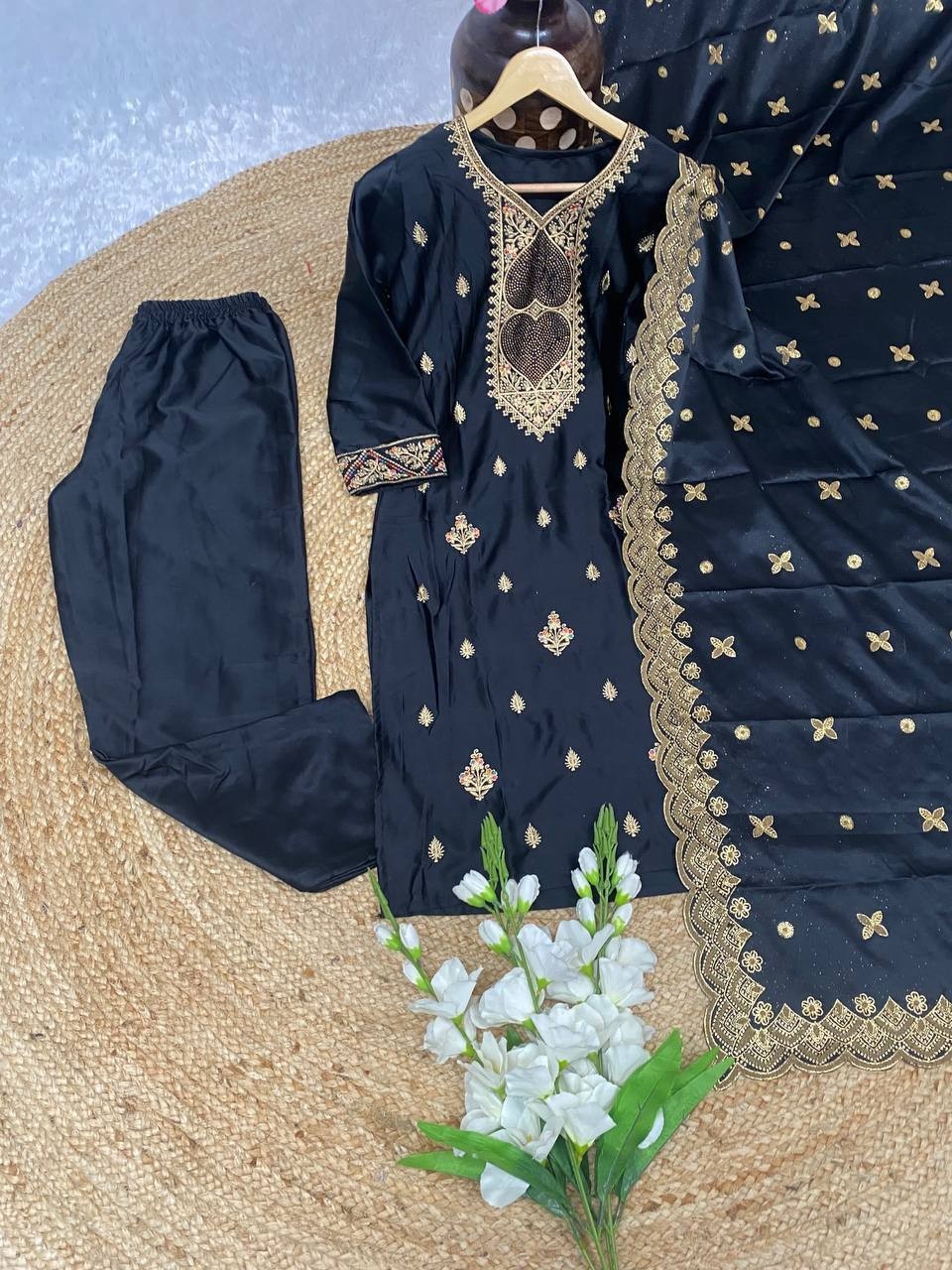Function Wear Black Malay Satin Silk Salwar Kameez With Dupatta For Women