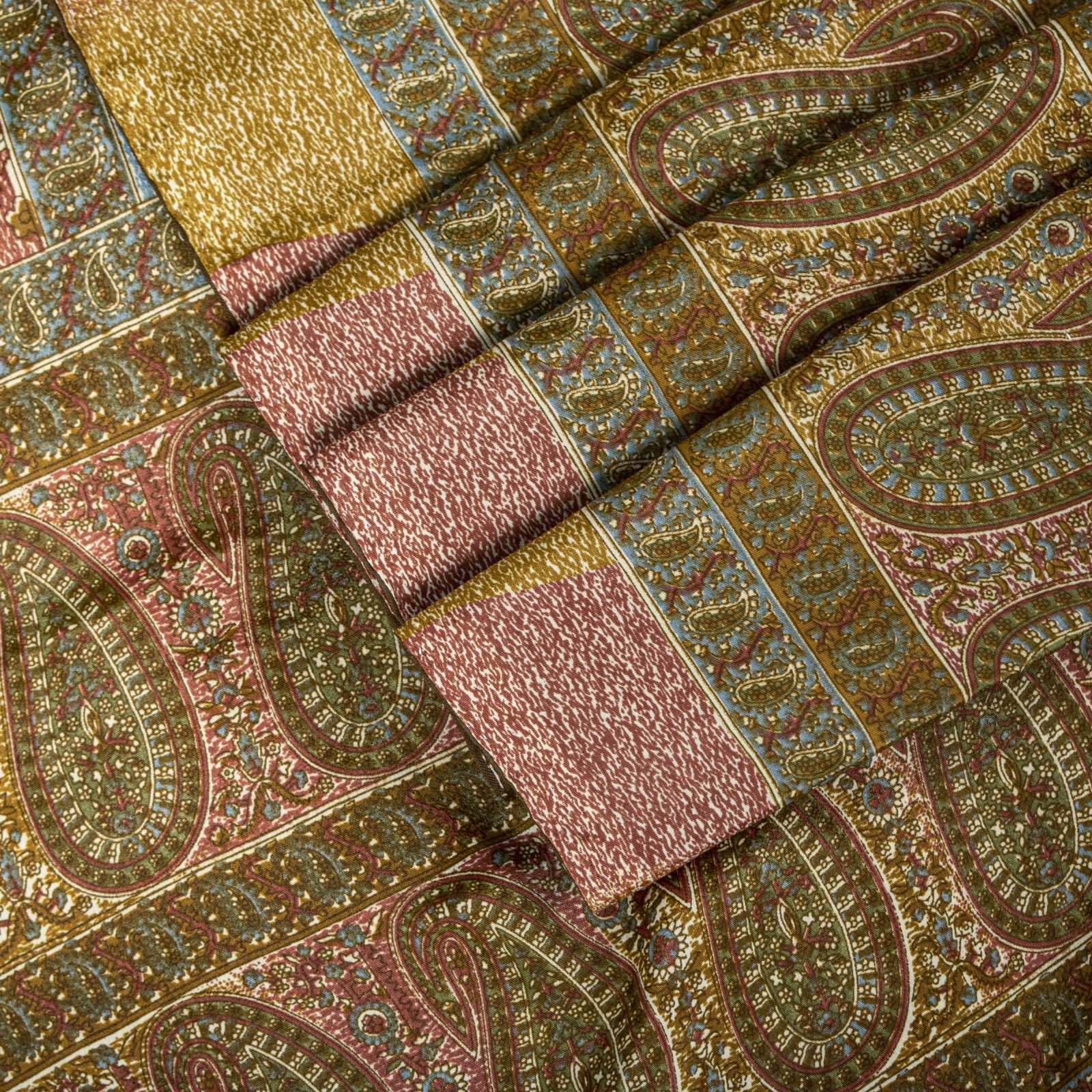 Sanskriti Vintage Cream Soft Moss Crepe Saree Kalamkari Print Sari 5.5Yd Fabric