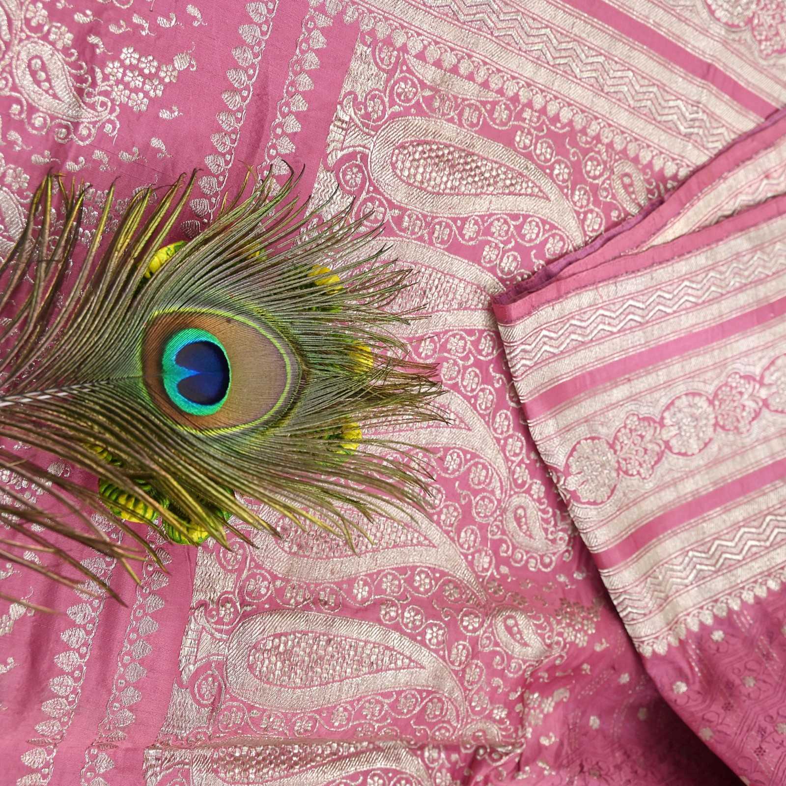 Indian Vintage Sari Heavy Pink Pure Satin Silk Woven Brocade Banarasi Sari 5yd