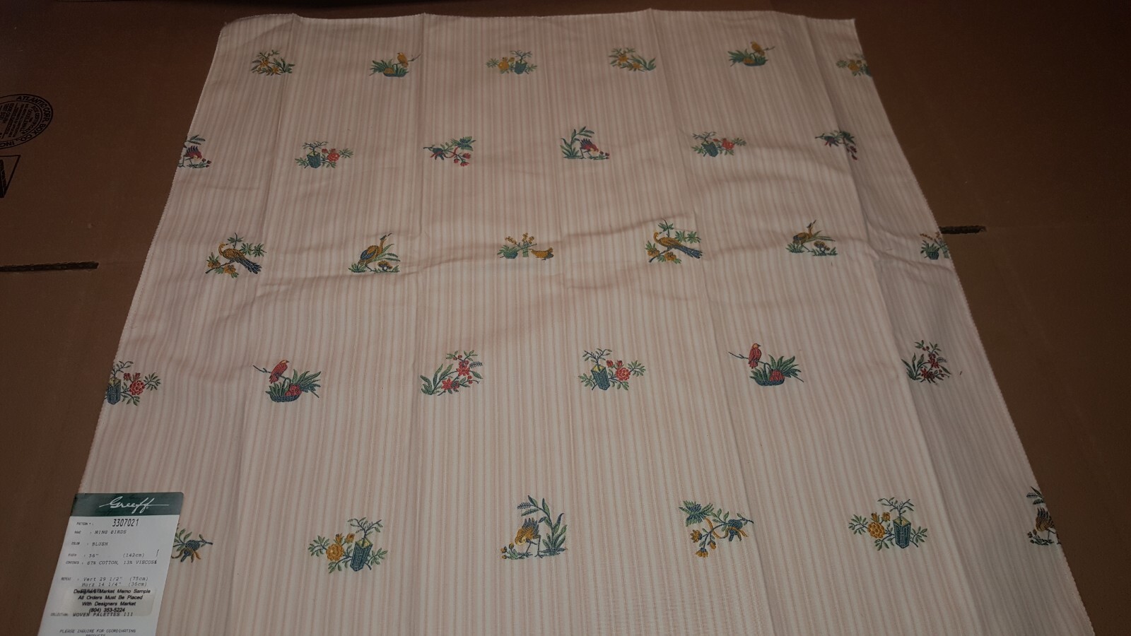 Vintage Greef Woven Cotton Blend Fabric Sample ” Ming Birds” 26″×26″- france-h22