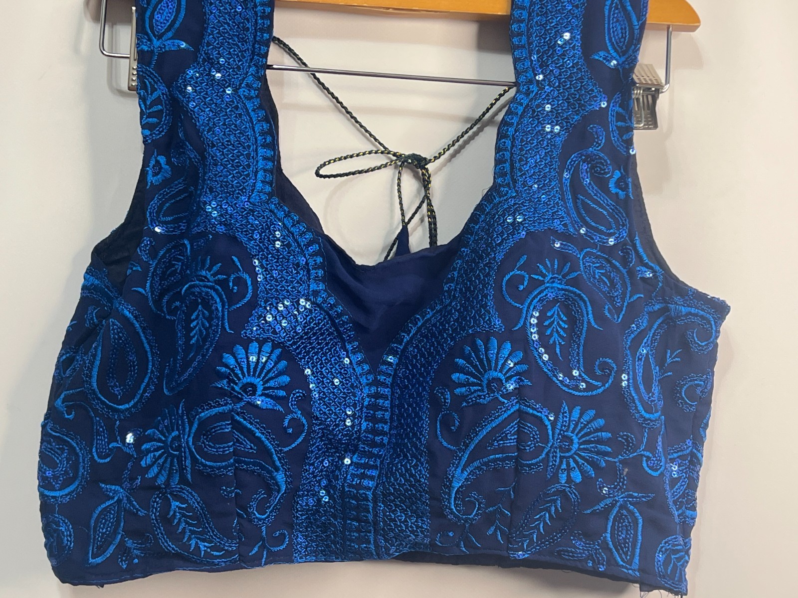Blue Embroidered Sequin Blouse Choli Top with Side Zipper Pre-Owned