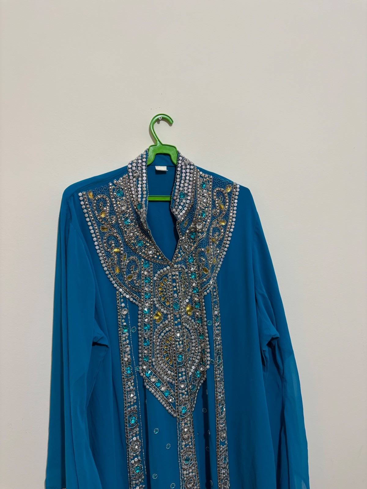 Luxury Indian Kaftan Jalabiya Maxi Dress Teal Blue Embroidered Wedding Party XXL