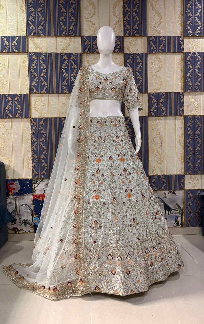 Luxury Satin Silk Lehenga Choli 4m Flare Sequins Work Can-Can Set