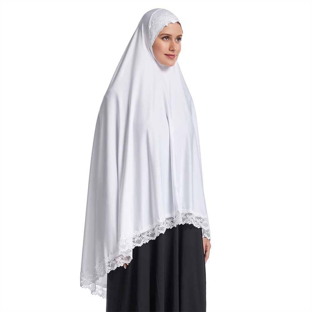 Muslim Women Ramadan Scarf Hijab Islam Prayer Turban Amair Lace Trim Headcover