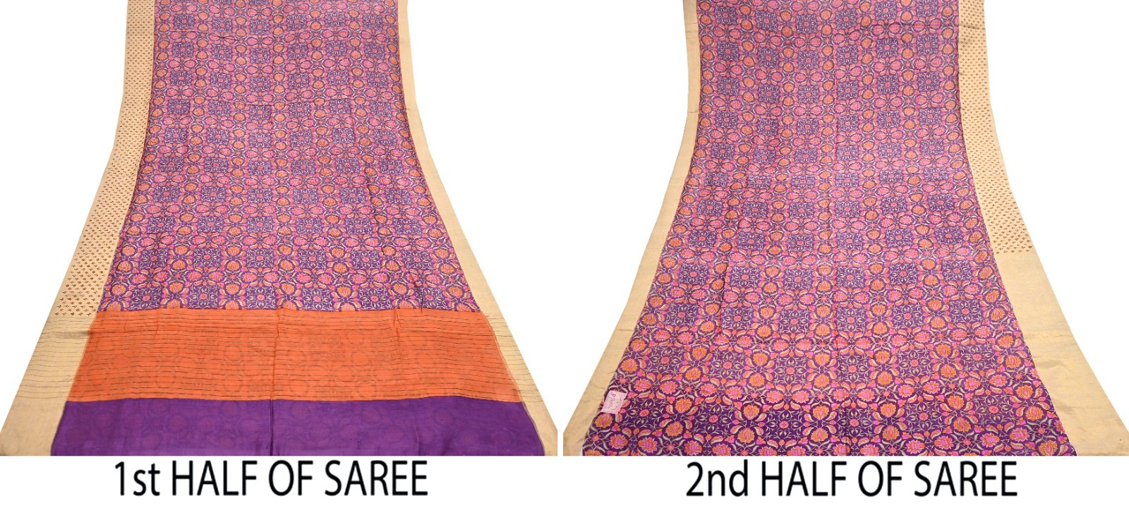 Vintage Purple orange Pure Khadi Silk Saree 5Yd Handloom Indian Sari Soft Fabric