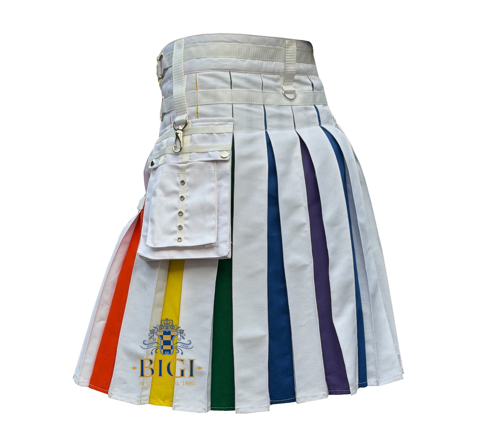 White rainbow Pride kilt with colored pleats – Hybrid LGBT men’s kilt all sizes