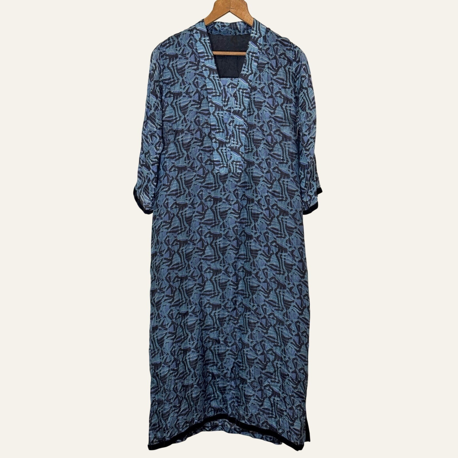 Vintage Y2K Silk Kaftan Tunic Women’s L Teal Abstract Print Velvet Trim Lined