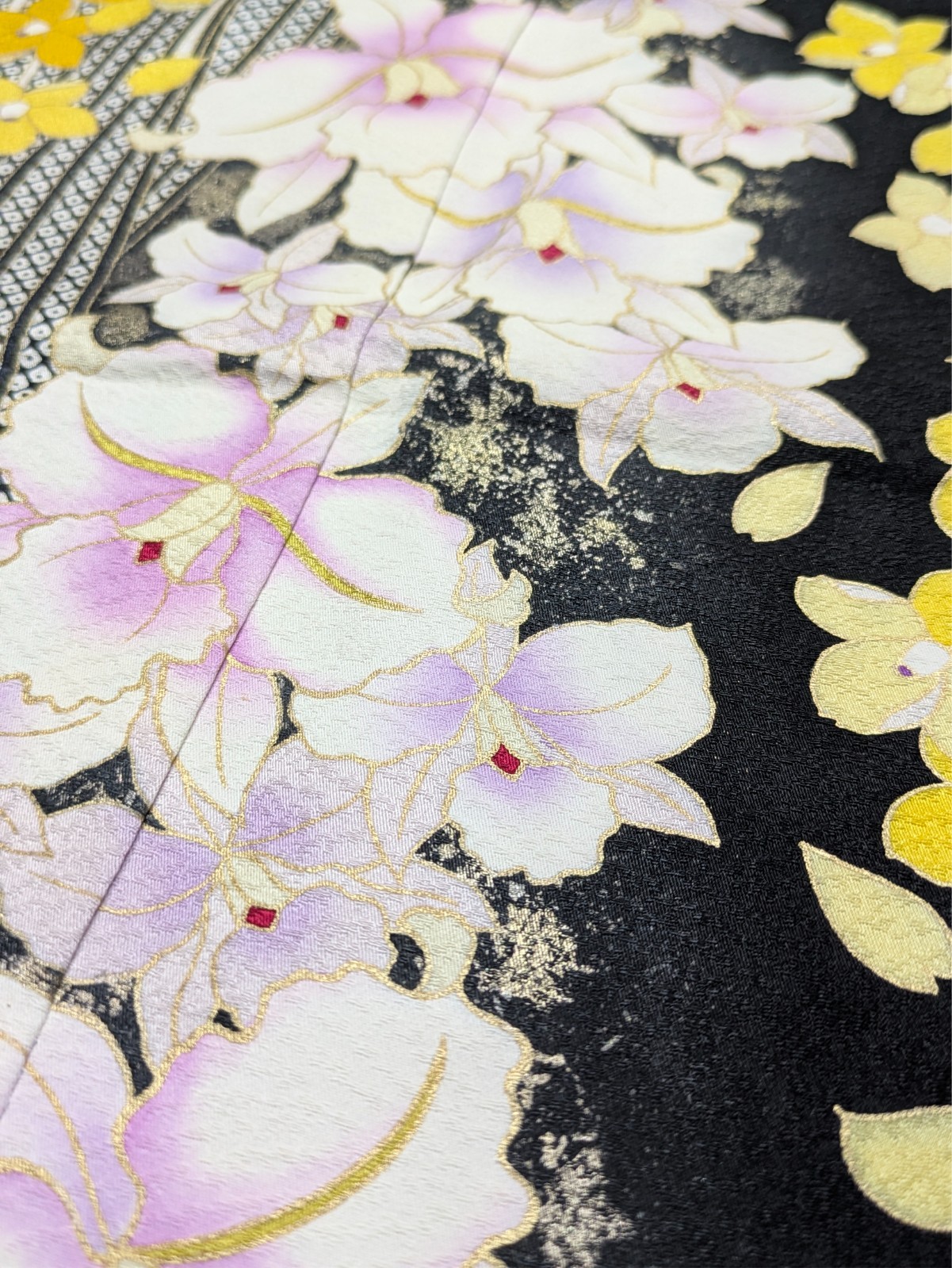 Japanese Kimono Silk Furisode Black Yellow & Purple Flowers Vertical Waves Art