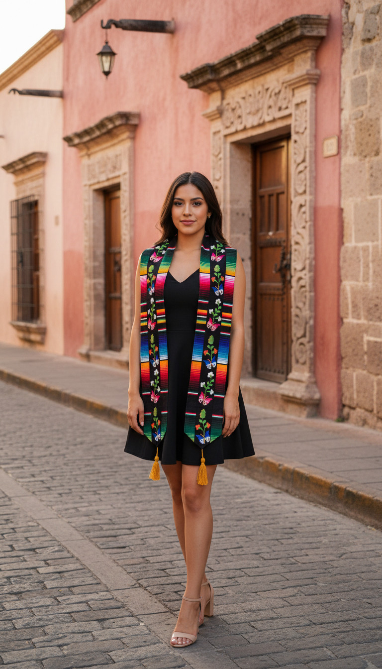 Mexican Graduation Stole Premium Embroidered Serape, Butterfly Floral Sash